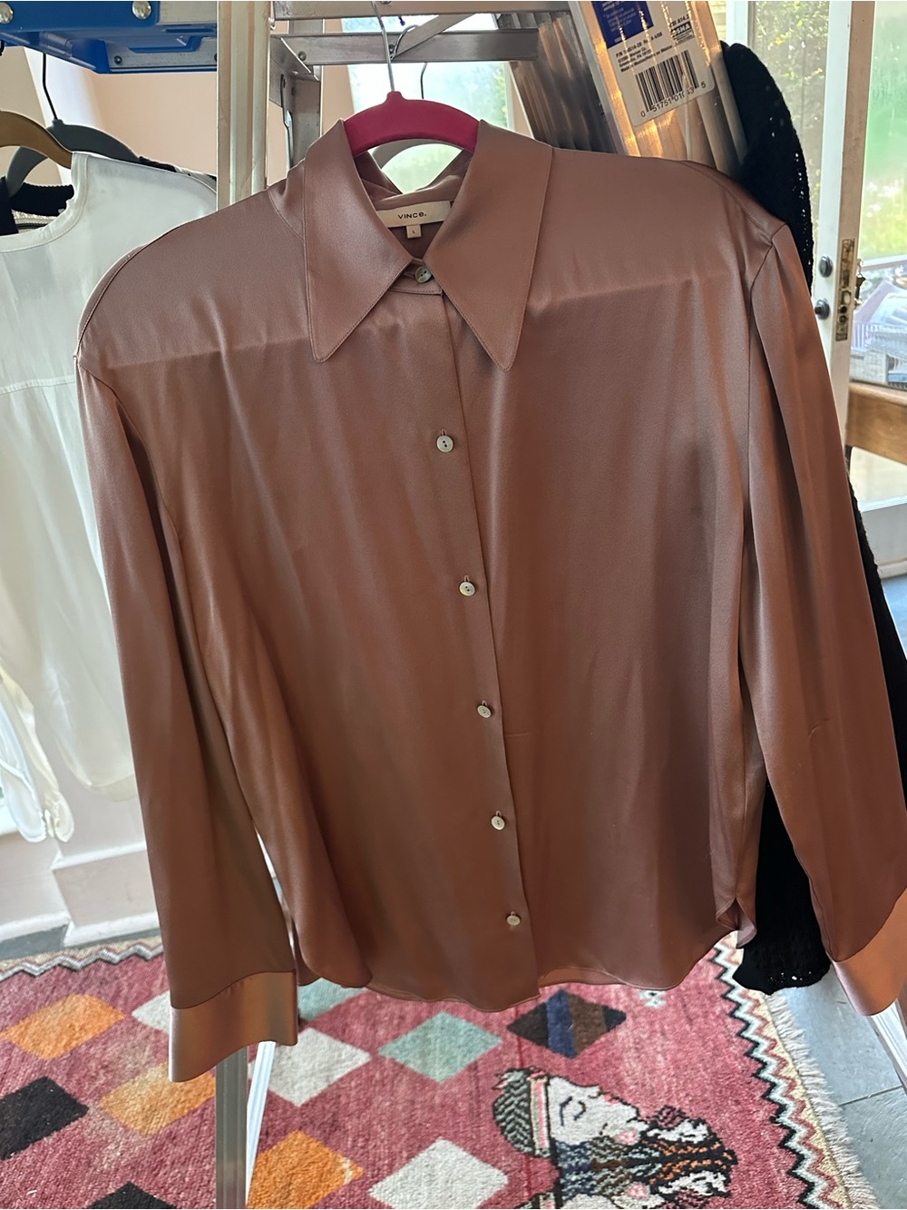 Vince Chocolate Brown Satin Button-Down Shirt